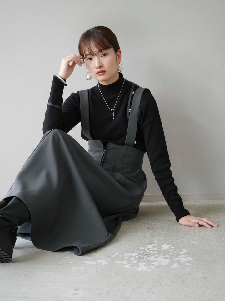 [予約]ボトルネック配色デザインボタンニットトップス/ブラック