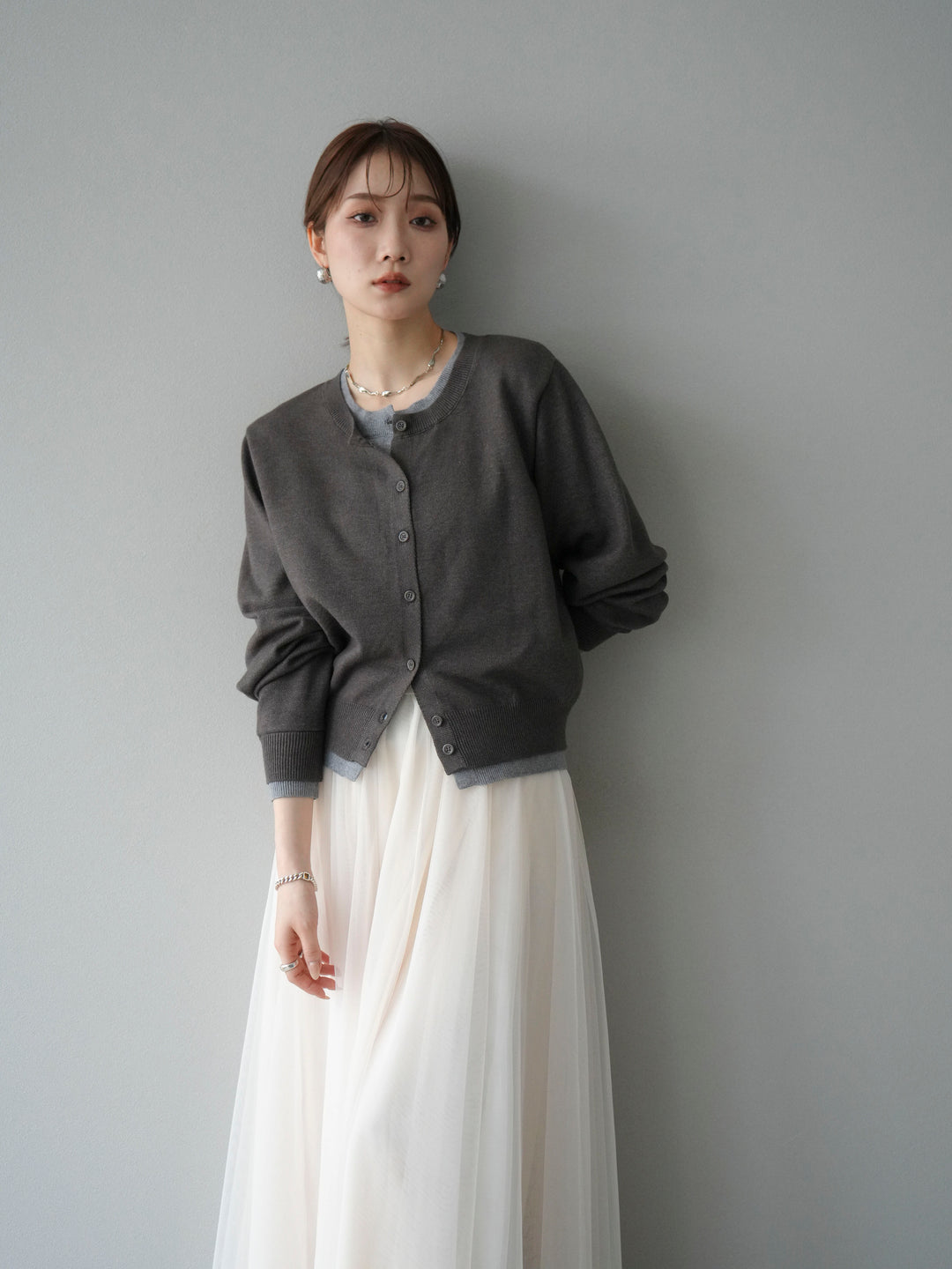 [SET]配色レイヤードカーディガン+チュールボリュームスカート(2set)