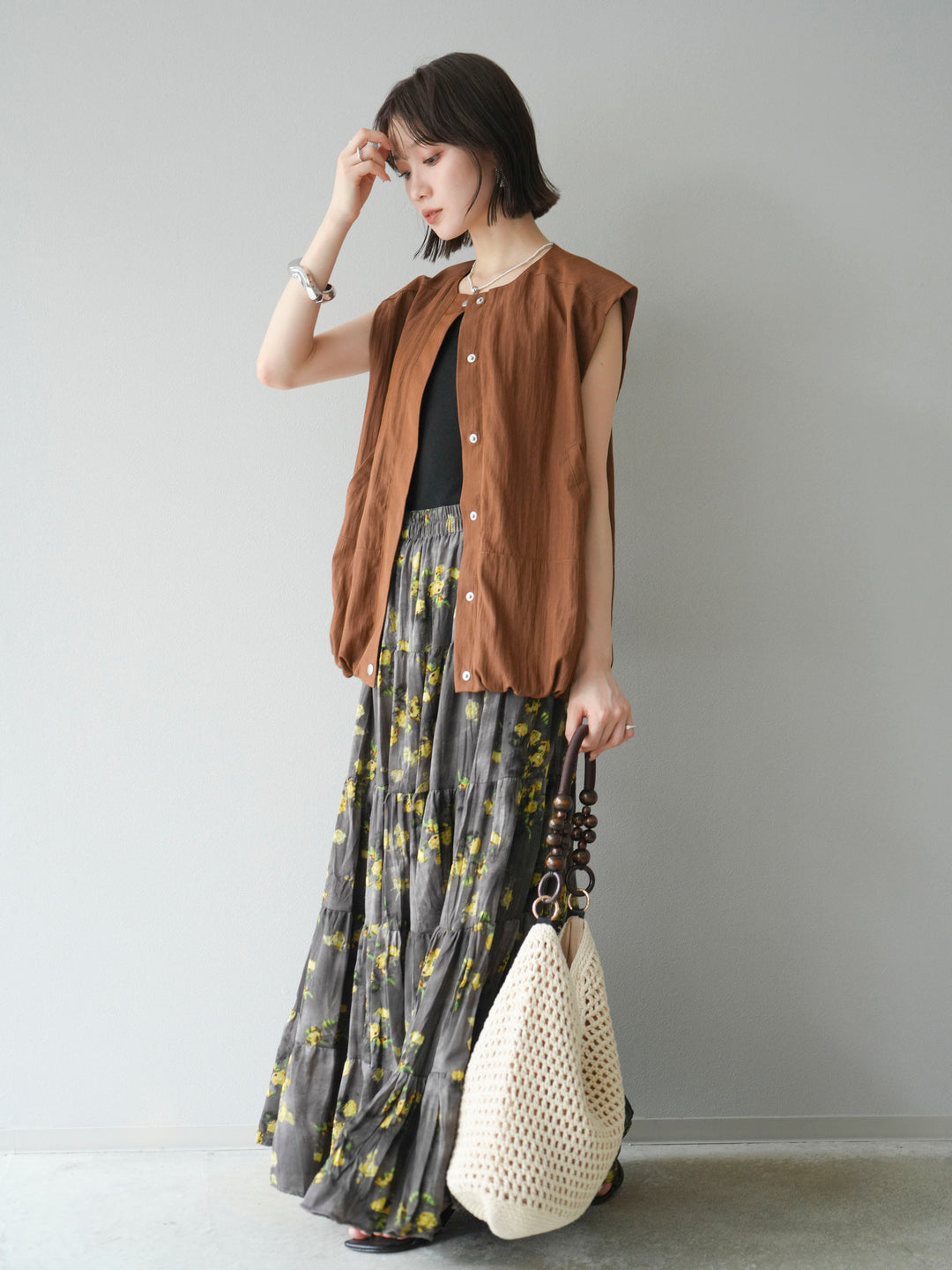 [SET]リネンライクドロストバルーンブルゾン+フラワーワッシャープリーツスカート(2set)
