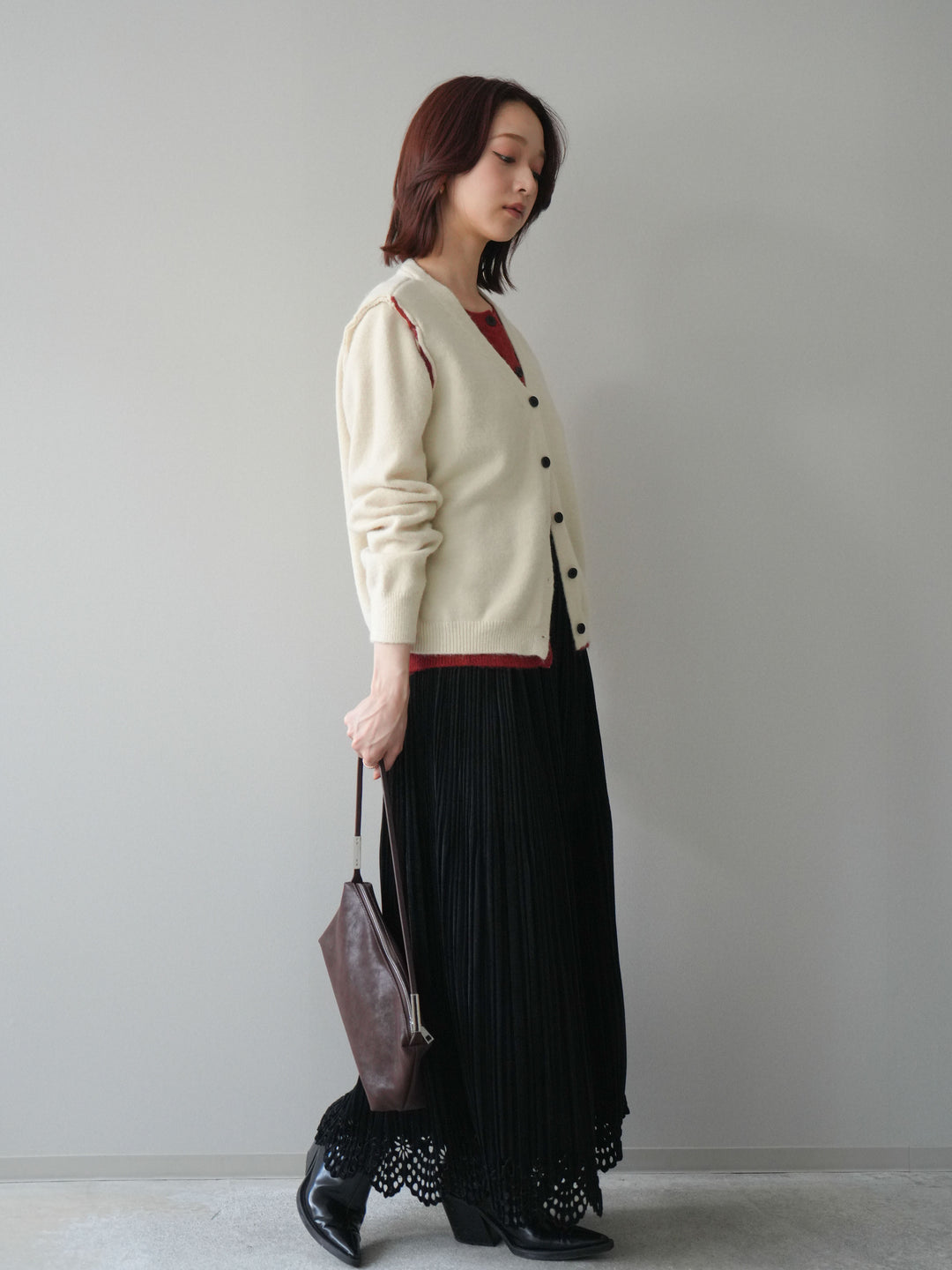 [予約]パンチングデザインスエードプリーツスカート/black