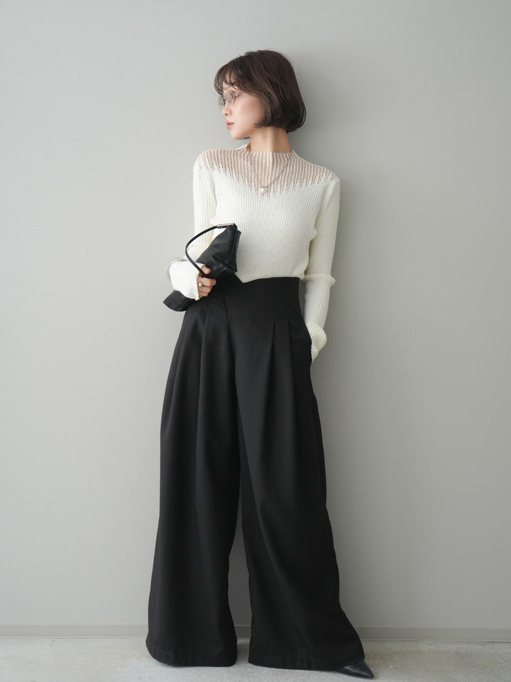 [SET]シアー切替スパンコールリブニットトップス+デザインハイウエストワイドパンツ(2set)