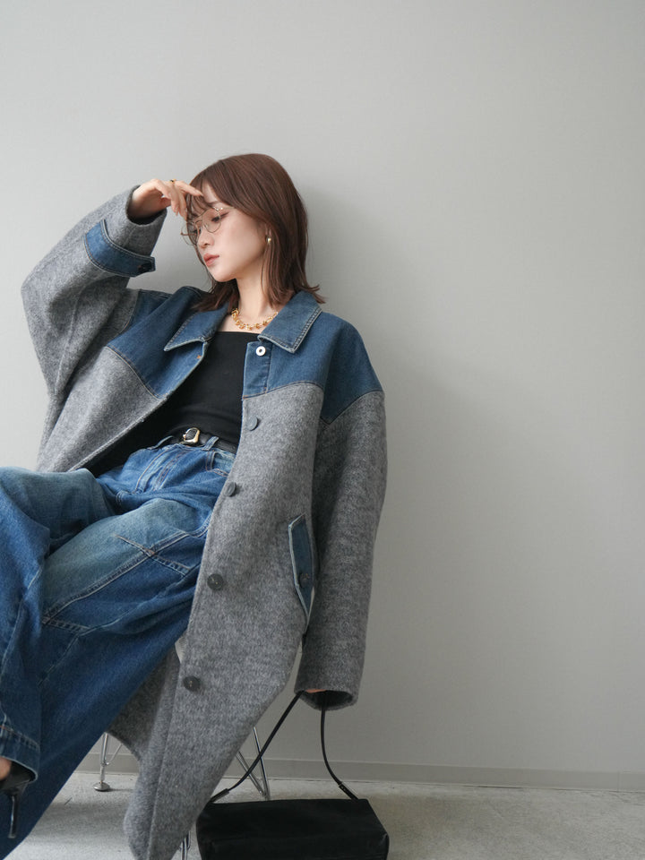 [予約]デニム切替シャギーステンカラーコート/gray