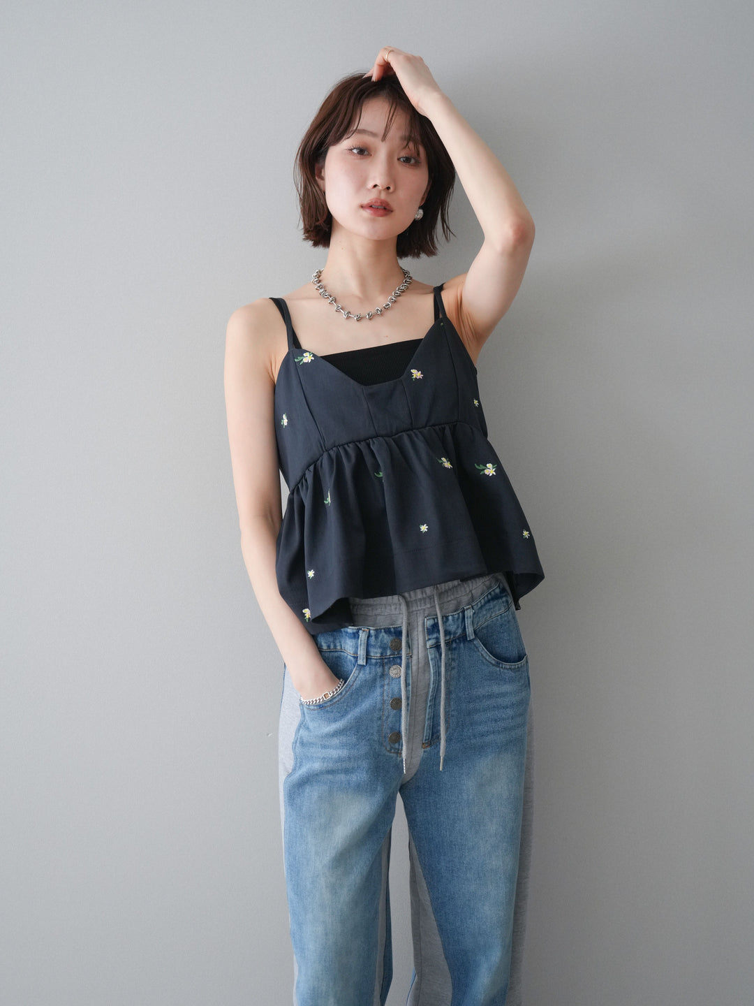 [予約]フラワー刺繍ビスチェ/navy