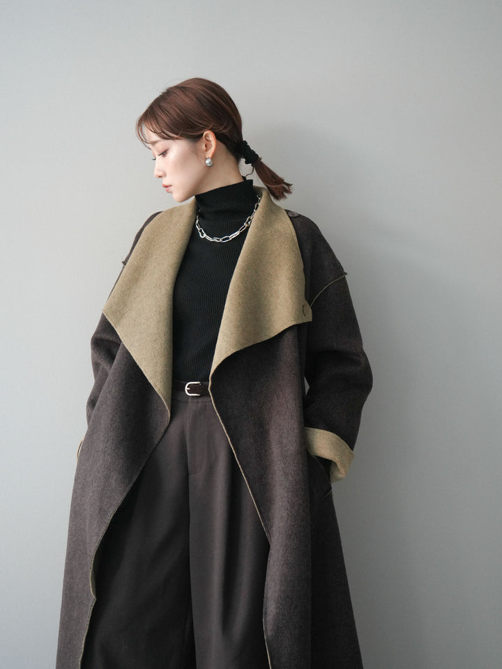 [予約]ダブルフェイスバイカラーロングコート/khaki
