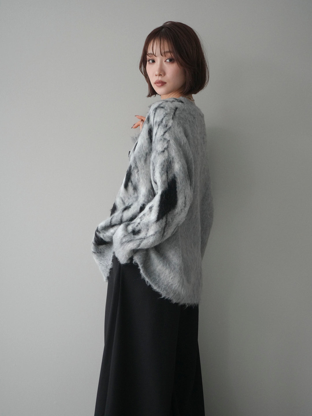 [予約]アーガイル柄シャギーニットカーディガン/gray