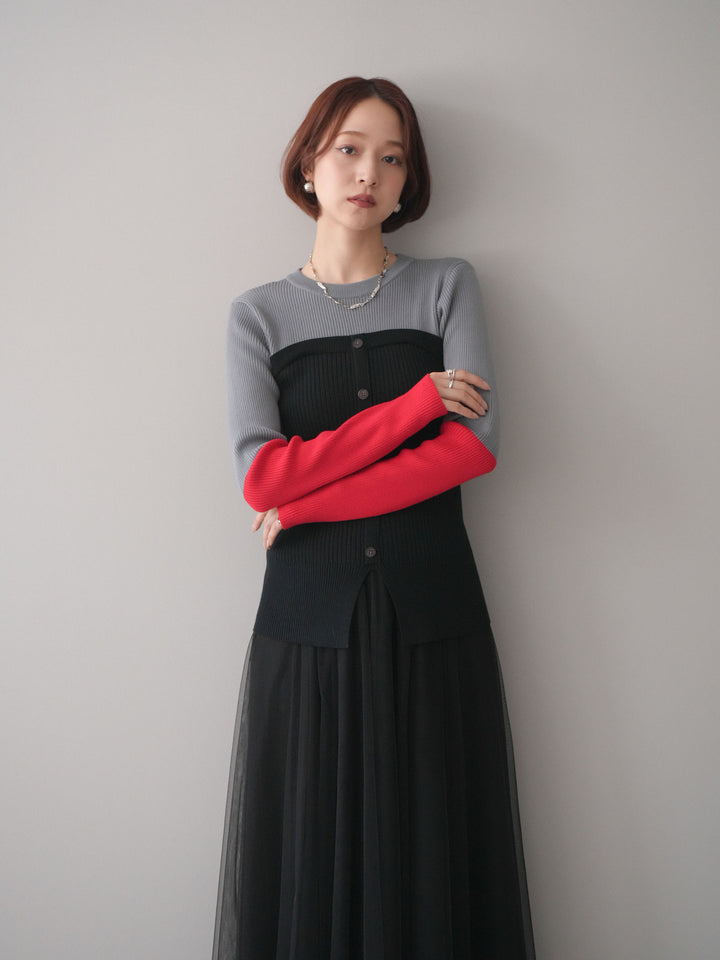 [SET]配色ビスチェドッキングリブニットトップス+選べるアクセセット(2set)