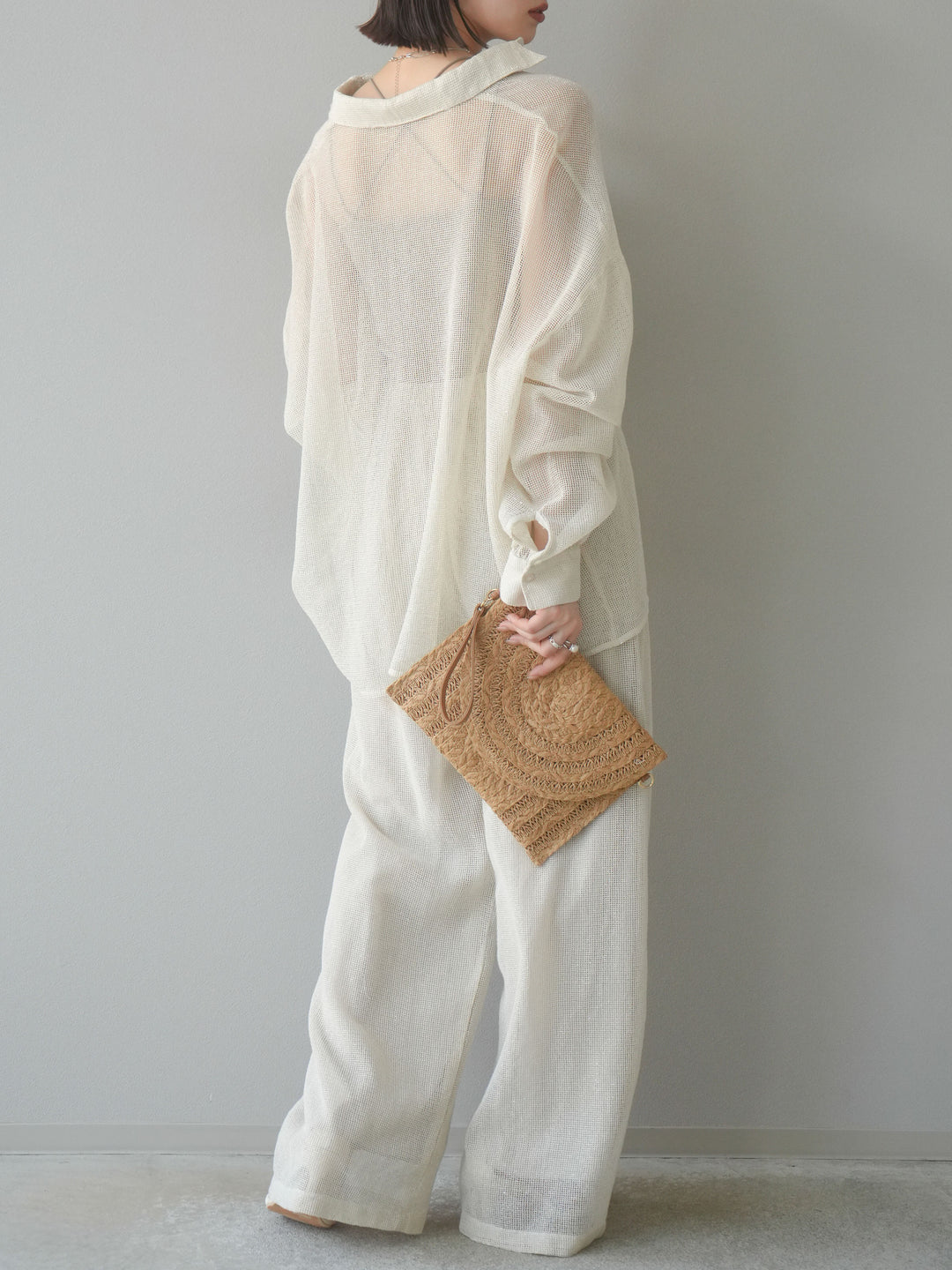 [預購] 棉質金銀絲網眼休閒褲/象牙白