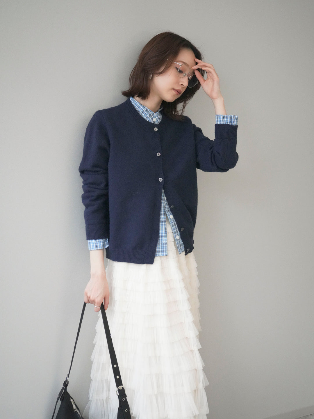 [予約]チェックシャツレイヤードデザインニットカーディガン/navy