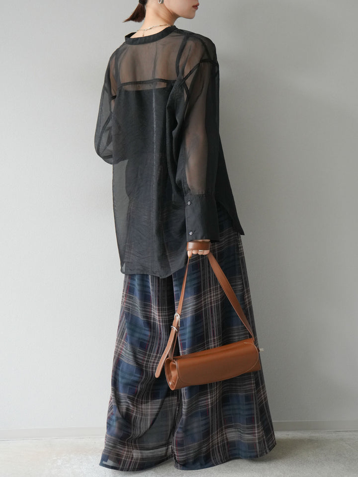 [SET] 亮面透視立領襯衫 + 透視格紋寬鬆褲 (2 件套)