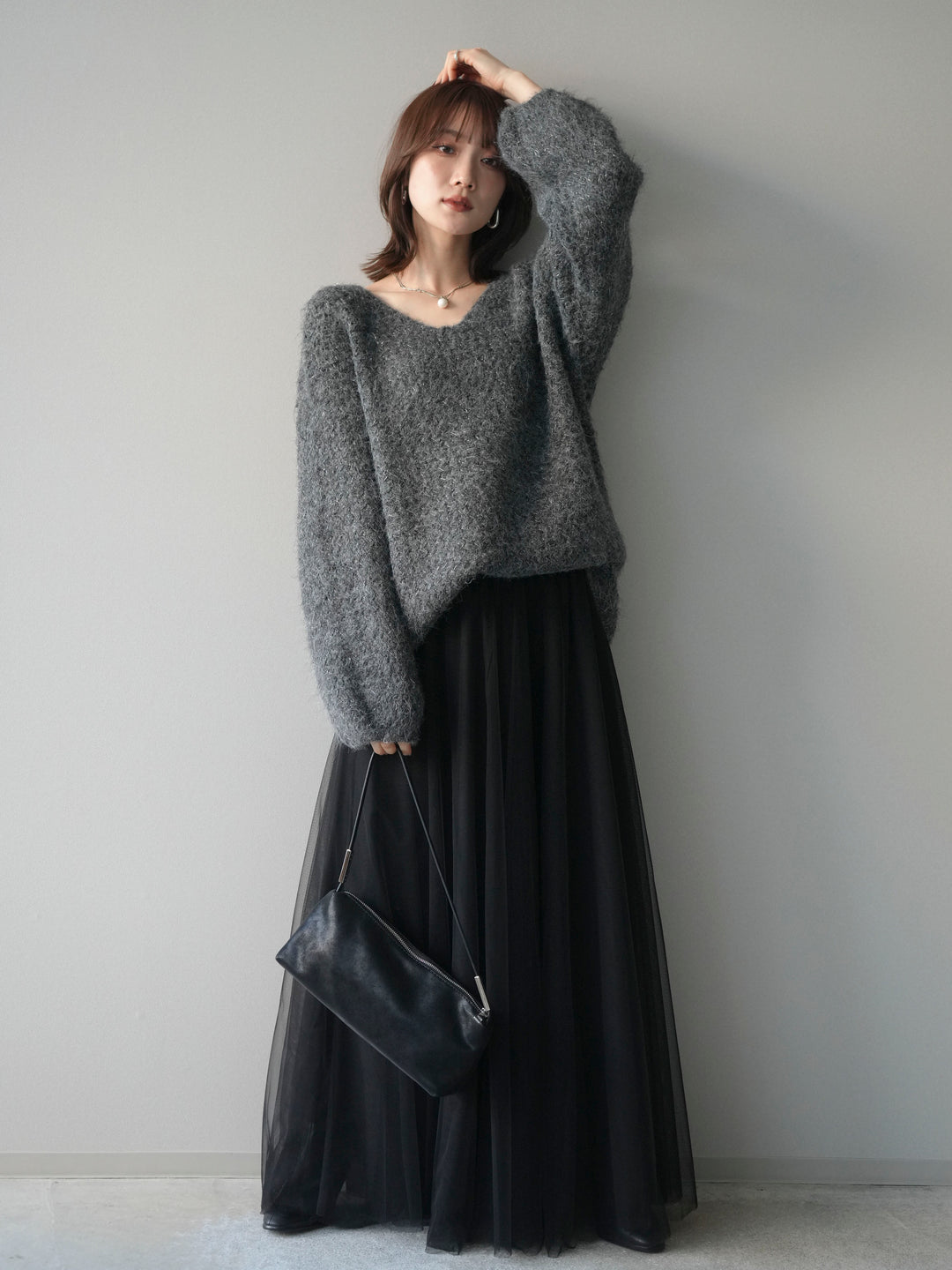 [SET]ウールタッチラメミックスヤーンVネックニットプルオーバー+チュールボリュームスカート(2set)
