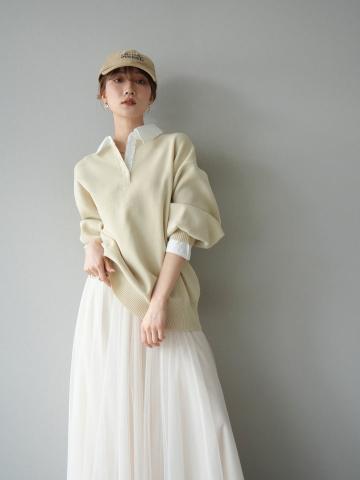 [預購] 領口Polo針織套衫/象牙白