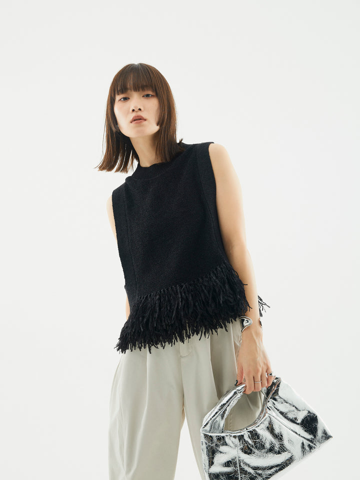 【Allure】[SET]フェザーヤーンニットベスト+タフタワイドカーブパンツ(2set)