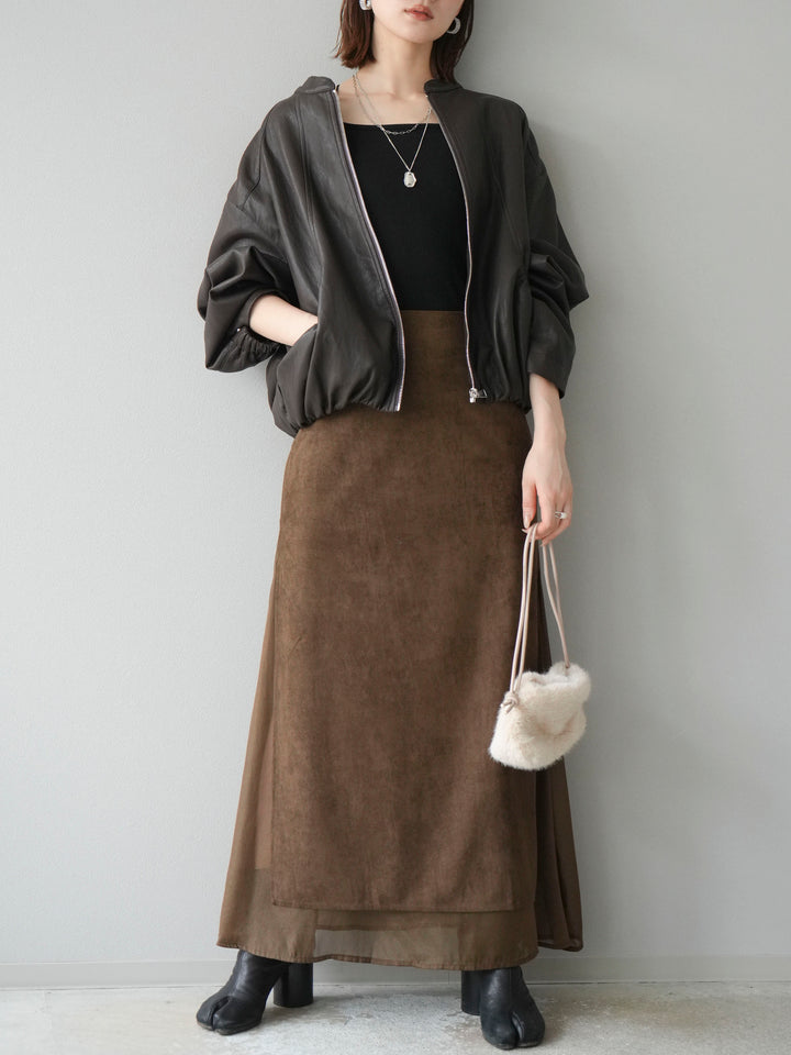 [予約]サイドスリットスウェードドッキングシフォンスカート/ブラウン
