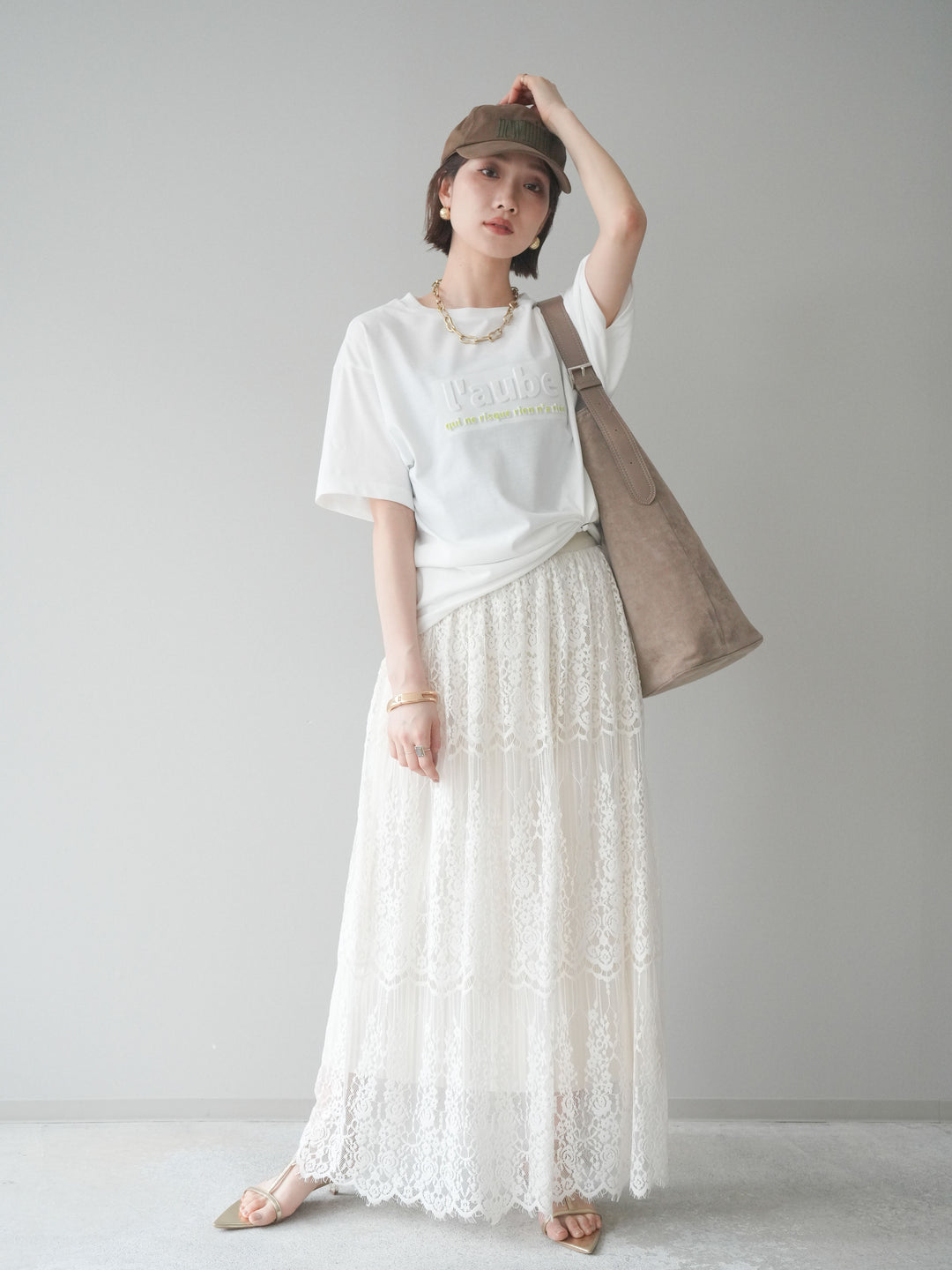 [SET]エンボスロゴTEE+裏プリーツ総レースロングスカート(2set)