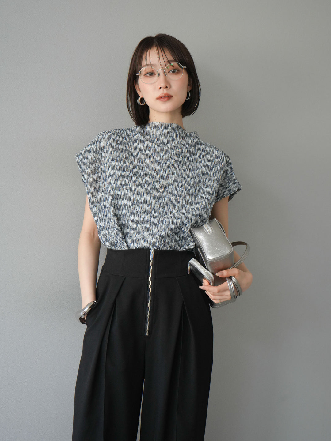 [予約]マルチカラーランダムプリーツフレンチトップス/ブラック