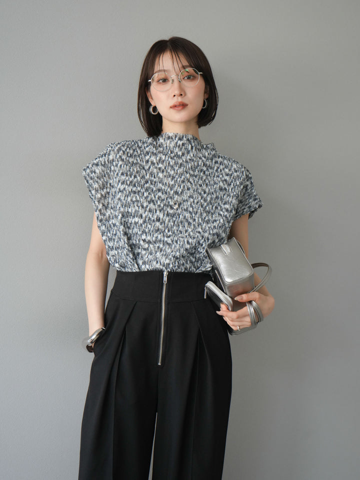 [予約]マルチカラーランダムプリーツフレンチトップス/ブラック