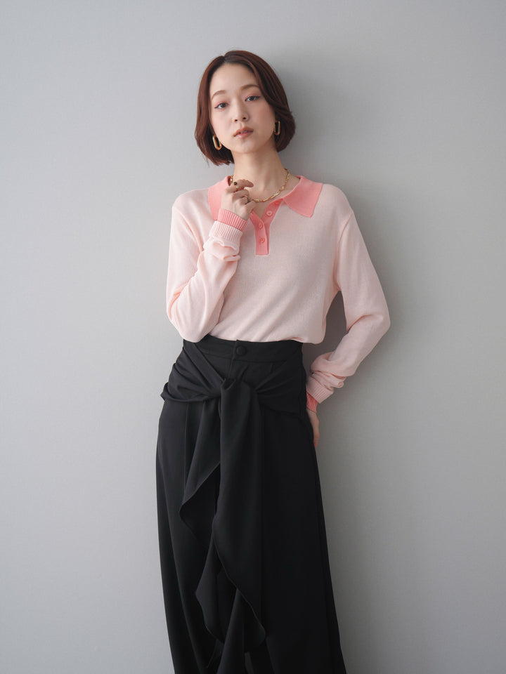 [SET]配色デザインシアーポロニット+ラッフルベルトワイドパンツ(2set)