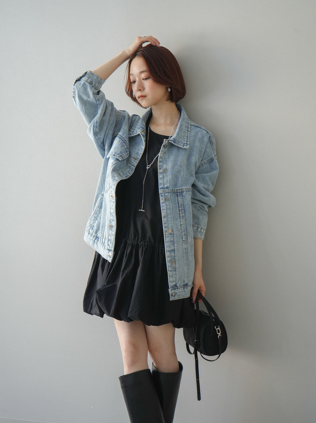 [SET]ノースリバルーンミニワンピース+デザインBIGポケットオーバーデニムジャケット(2set)