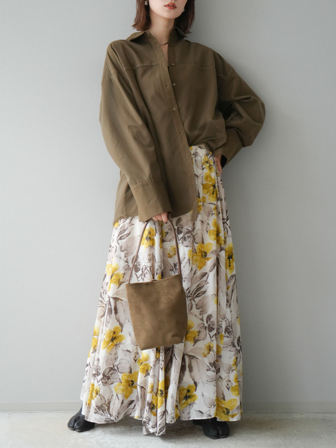 [予約]フラワープリントボリュームフレアスカート/イエロー