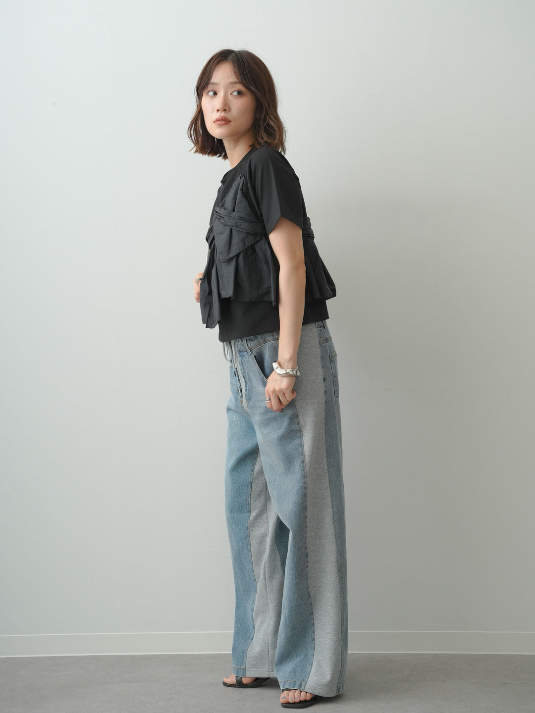 [SET]ナイロンドッキングツイストTEE +デニム切替スウェットパンツ(2set)