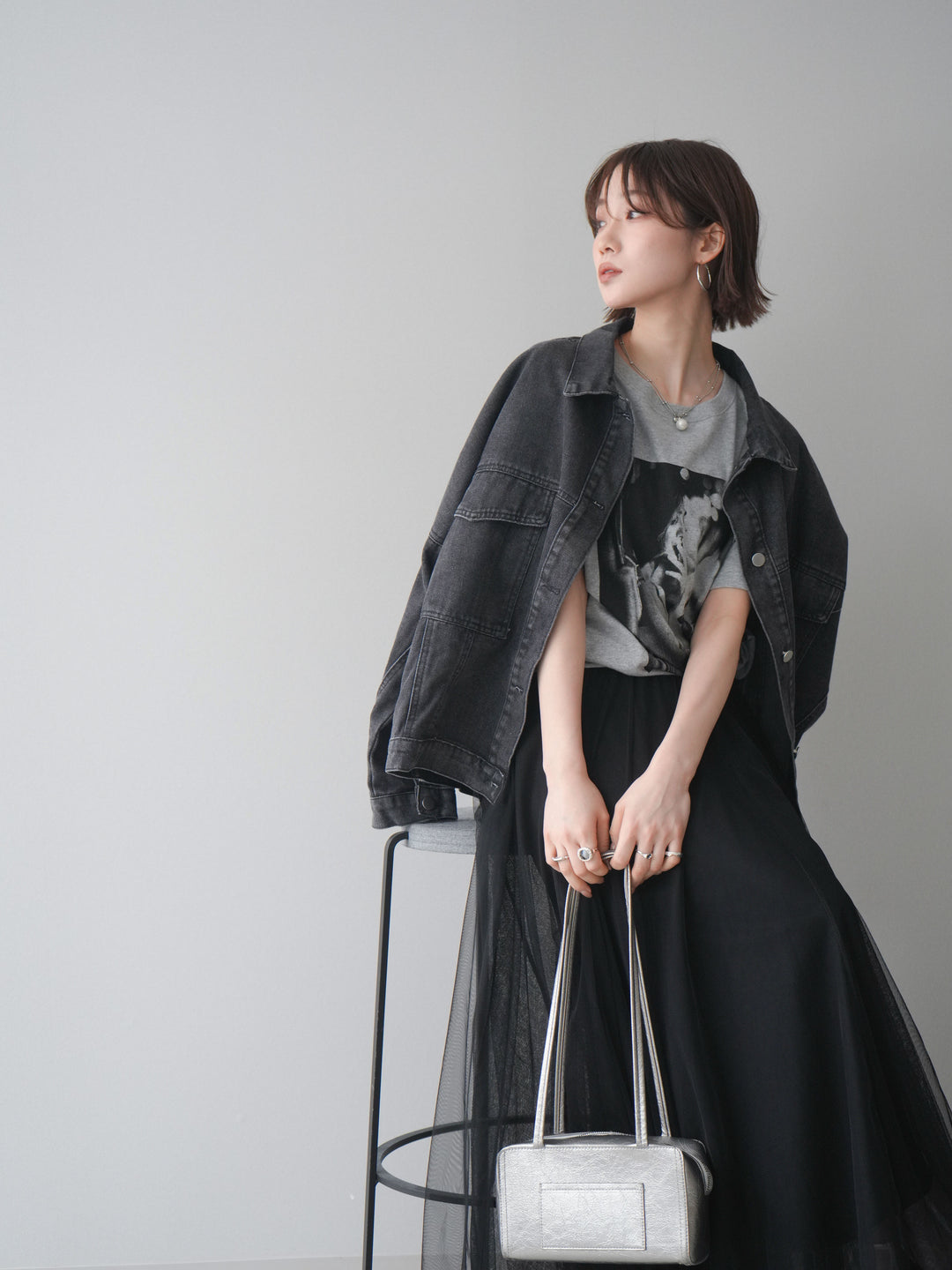 [SET]ルーズシルエットデニムジャケット+チュールボリュームスカート(2set)