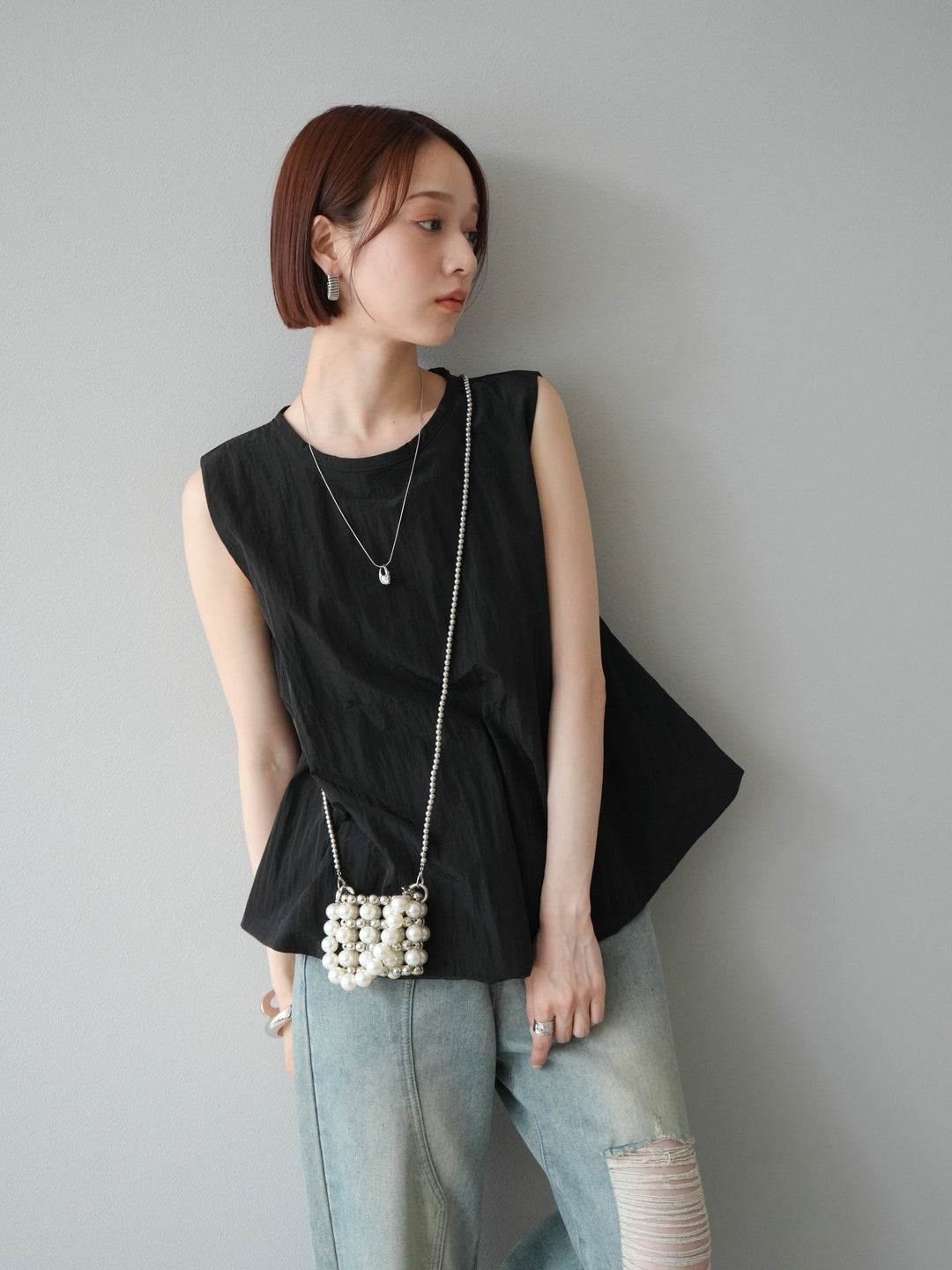 [預購] 墊圈塔夫綢氣球襯衫/黑色