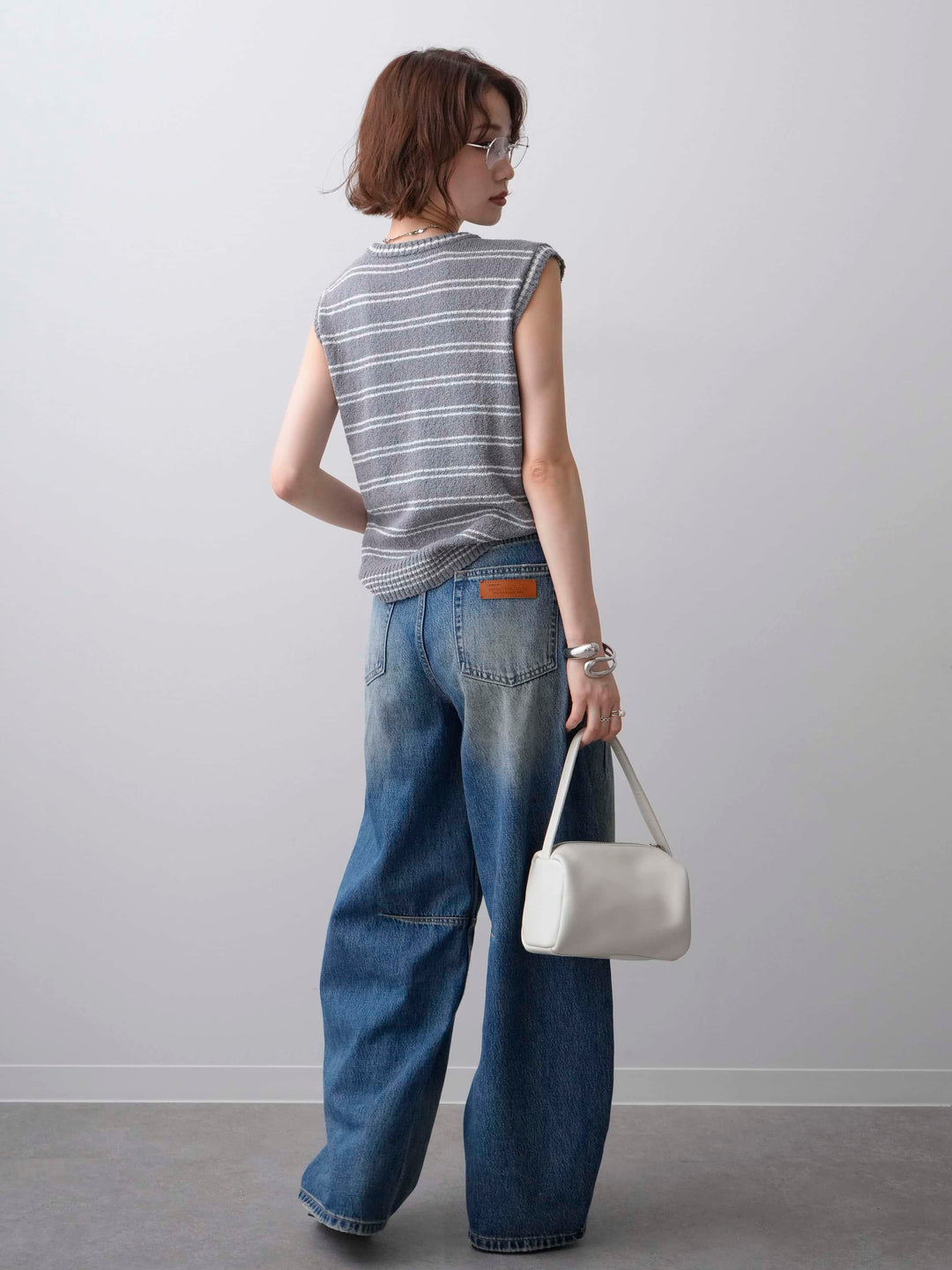 [SET]ボーダーヘンリーノースリニットトップス+立体カーブデニムパンツ(2set)