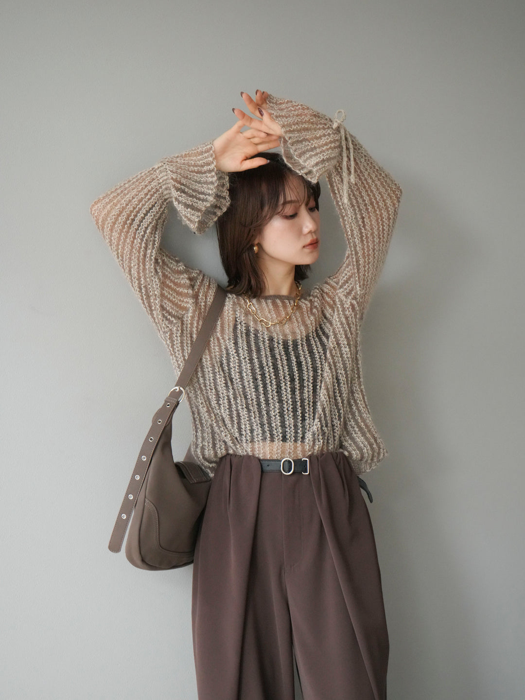 [予約]ストライプメッシュニットプルオーバー/ベージュ