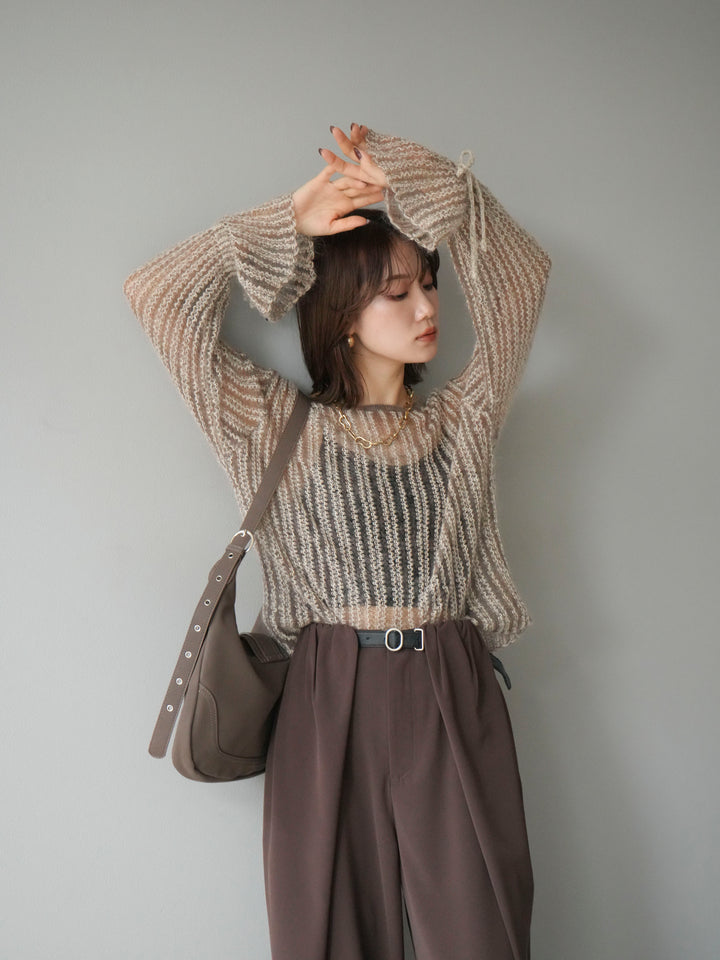 [予約]ストライプメッシュニットプルオーバー/ベージュ
