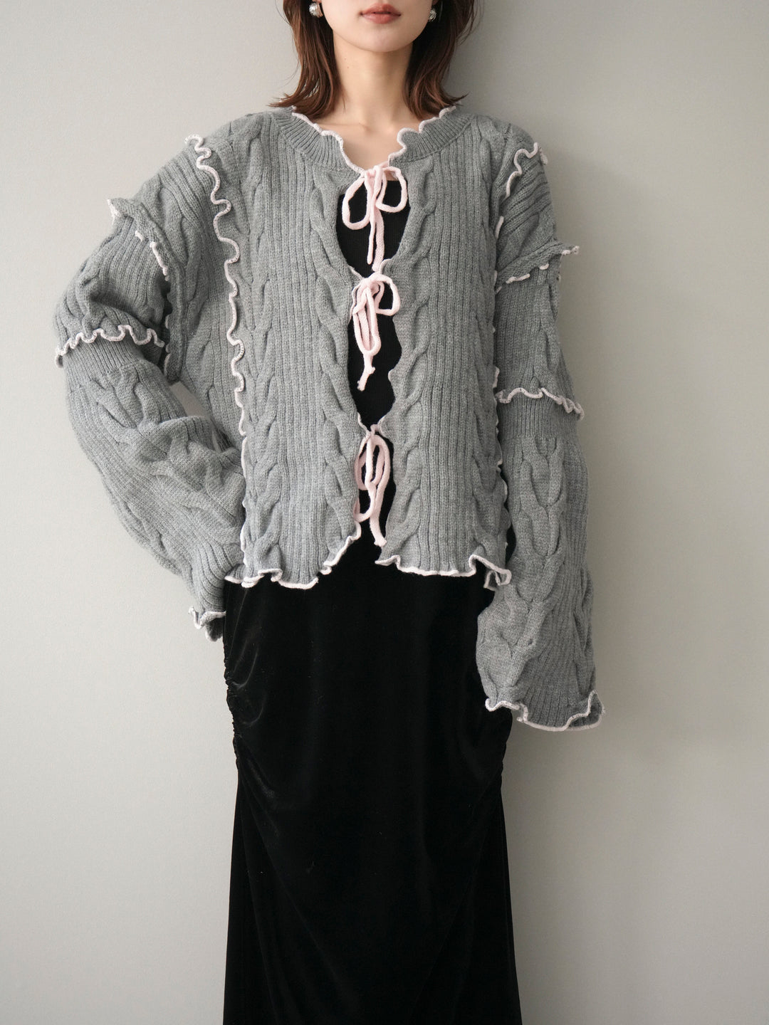 [SET]フロントリボン配色メローニットカーディガン+フロントリボン配色メローニットカーディガン(2set)