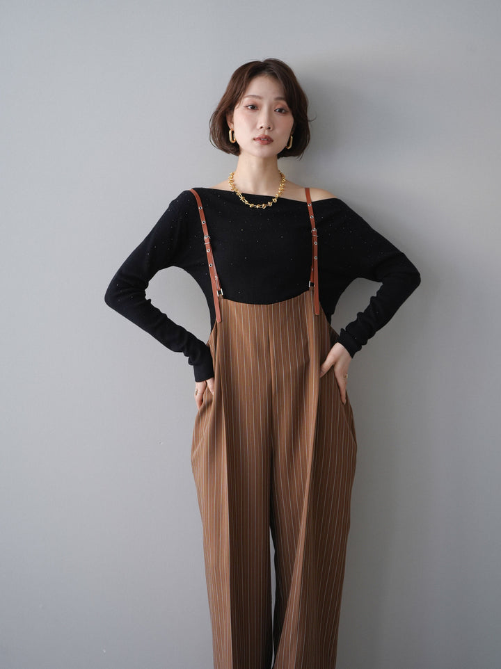 [予約]ヘリンボーンストライプサス付サロペット/goldbrown