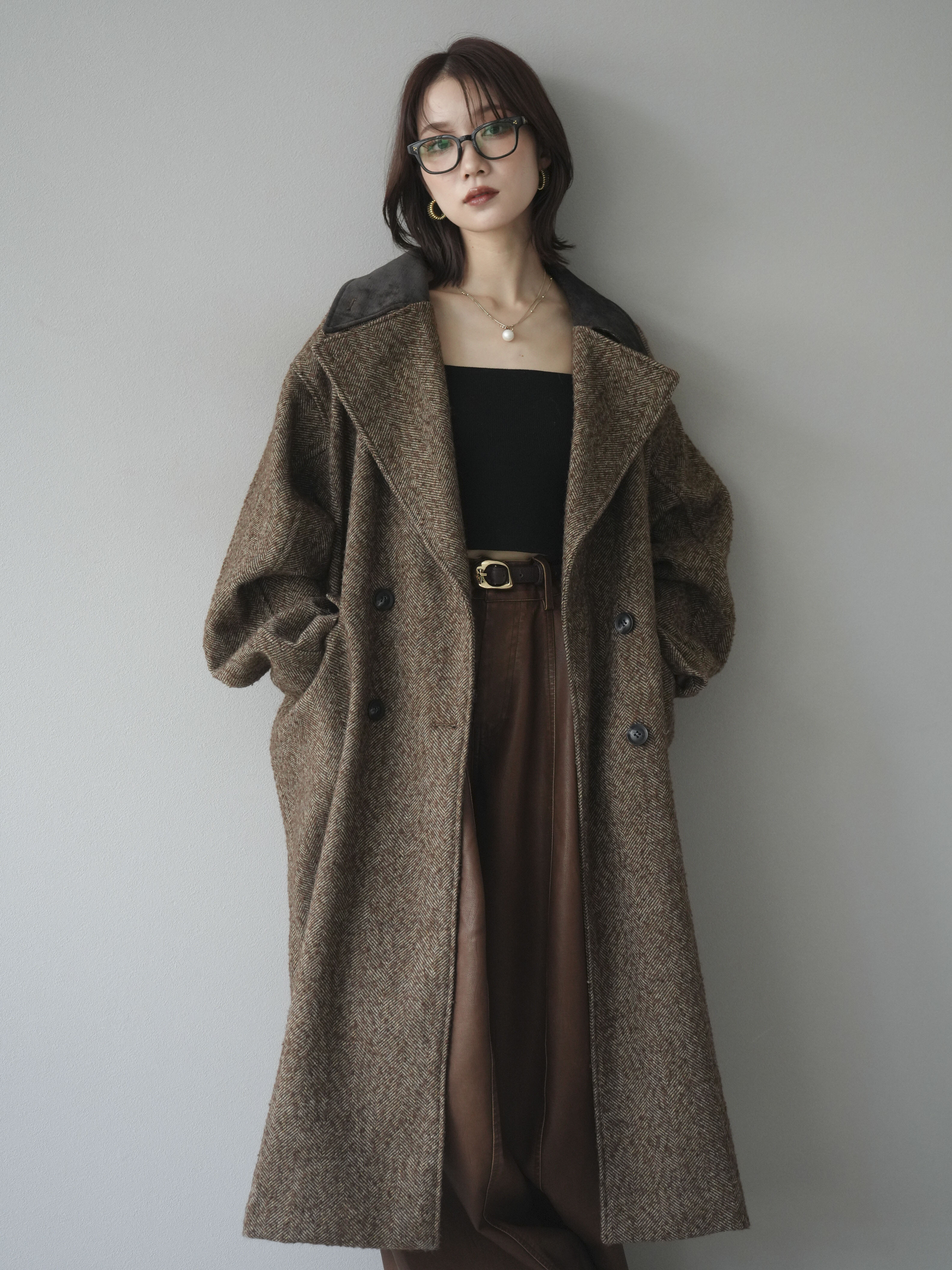 【美品】  インナー付き　ヘリンボーン　コート カシミヤ混 ヘリンボーン ビーバー コンバーチブルカラーコート