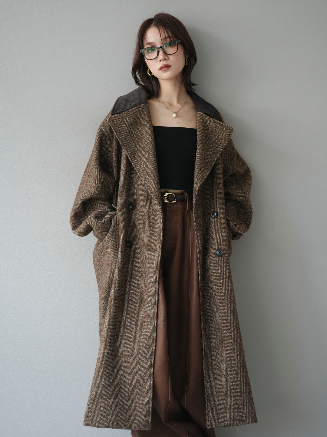 [予約]ネップヘリンボーンレザー襟チェスターコート/brown