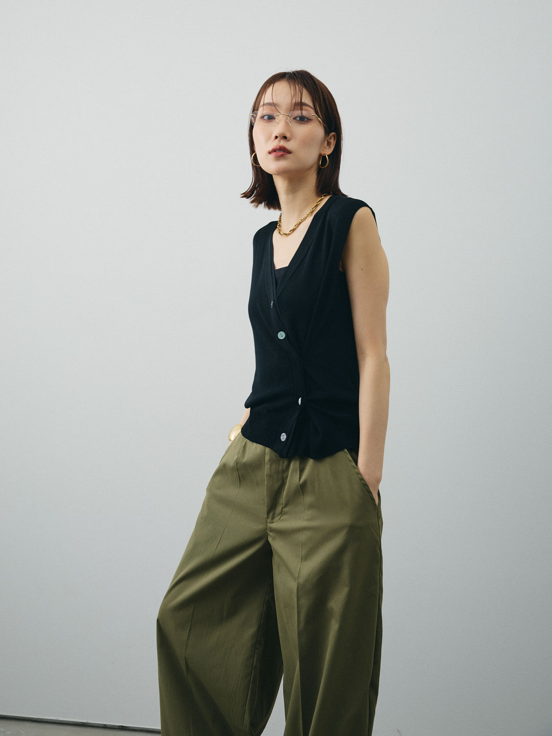 [SET]クールタッチ2WAYデザインニットベスト+コクーンワイドチノパンツ(2set)