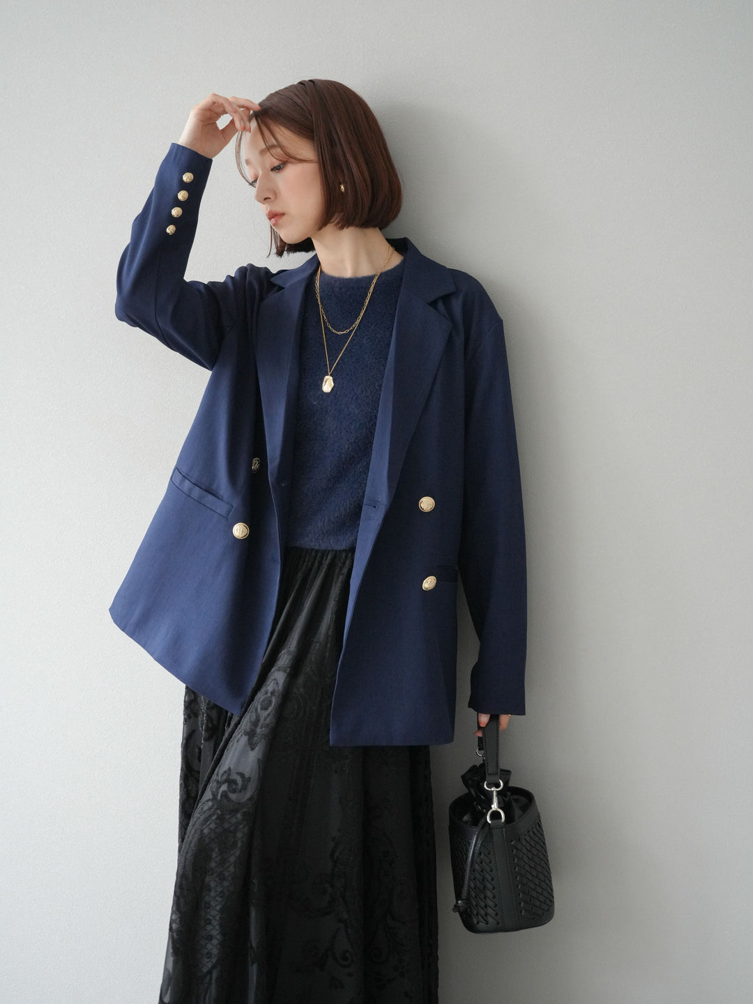 【預購】金色羈扣斜紋雙排扣西裝外套/藏青色