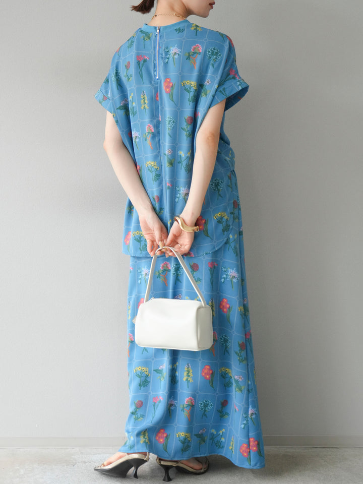 [予約]パッチワークフラワープリントフレアスカート/ブルー