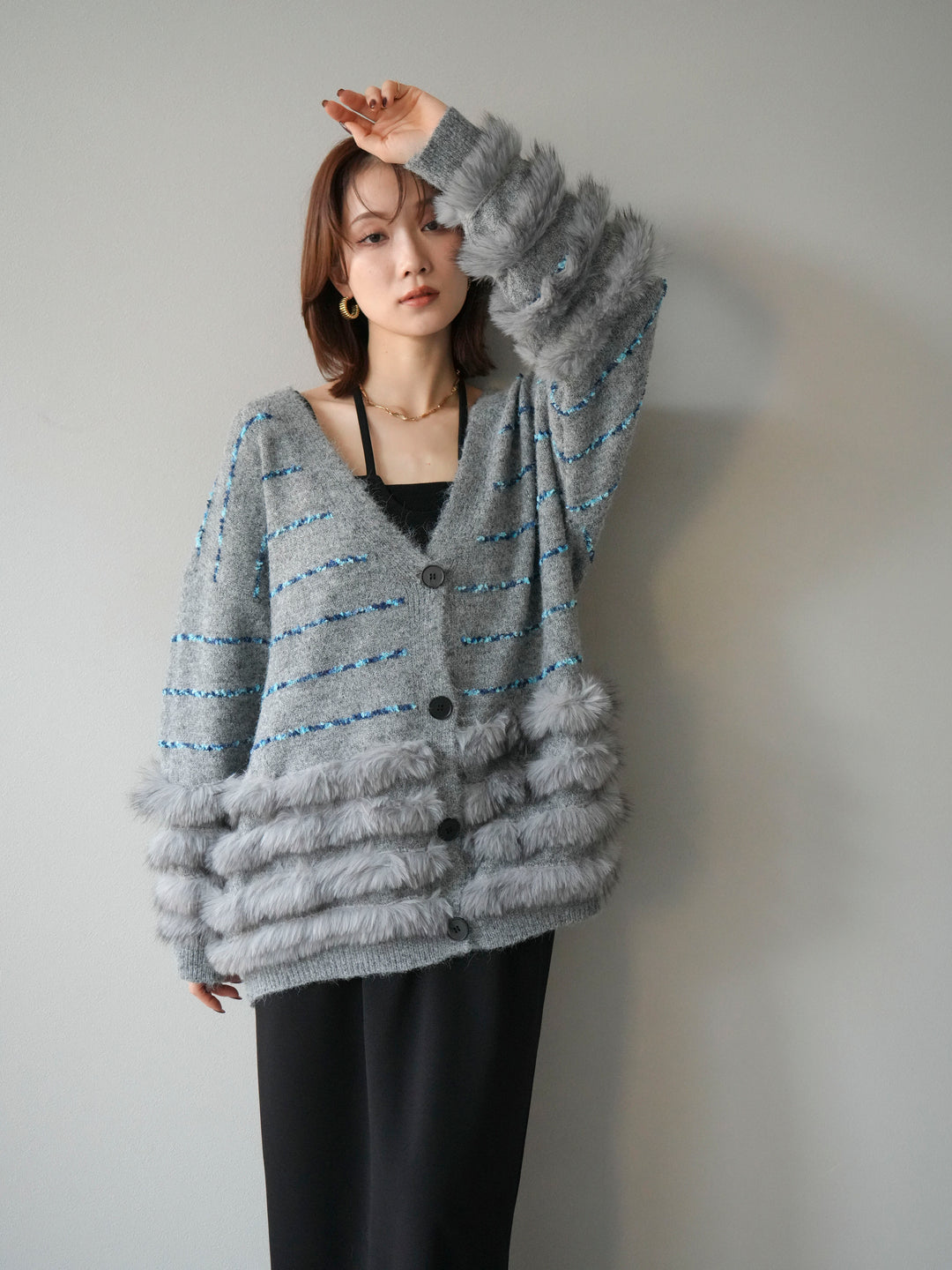 [予約]フェザーライン配色シャギーニットカーディガン/グレー