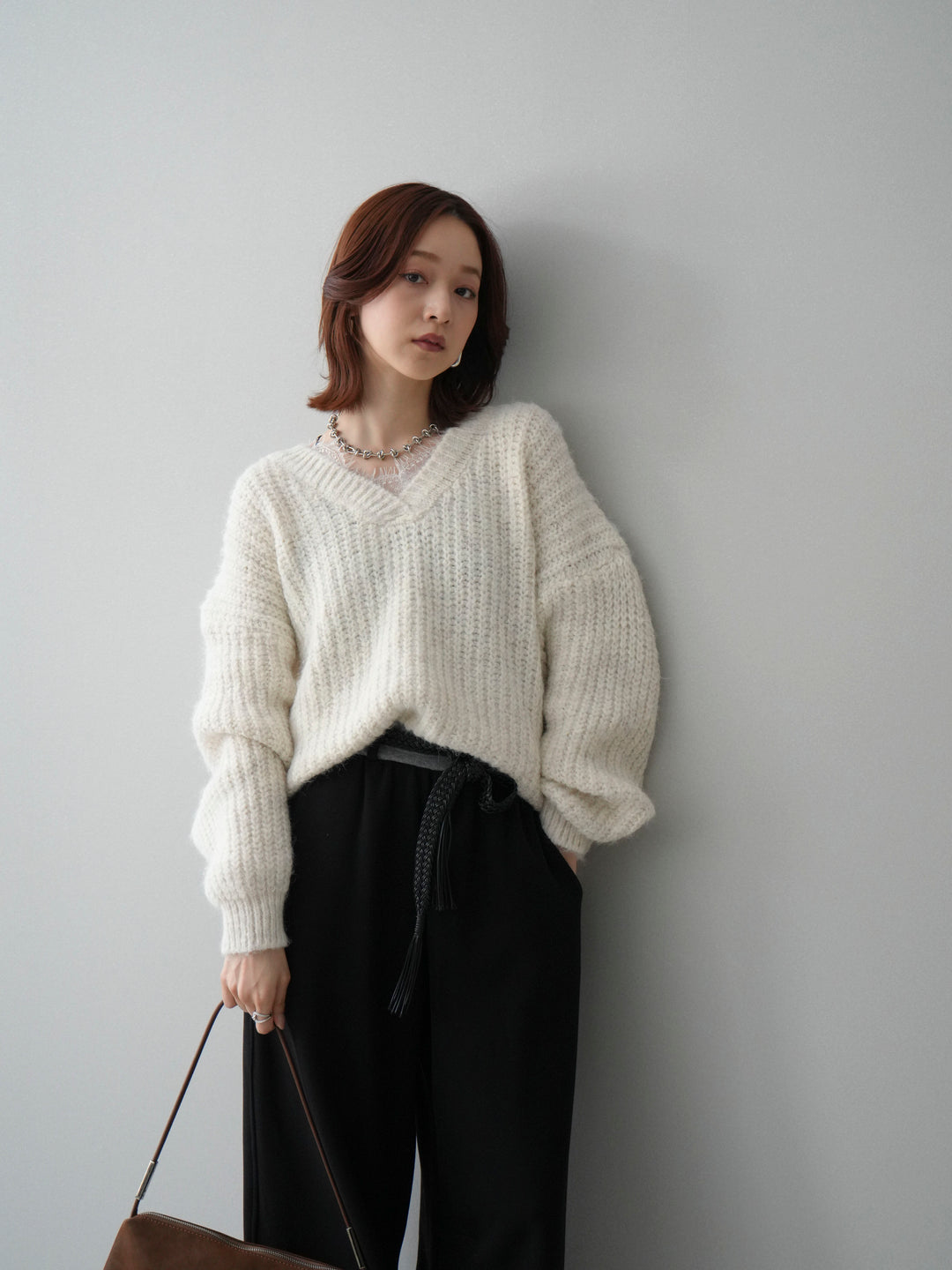 [SET]Vネックレースニットプルオーバー+編み込みベルト付きウエスト配色スエットパンツ(2set)