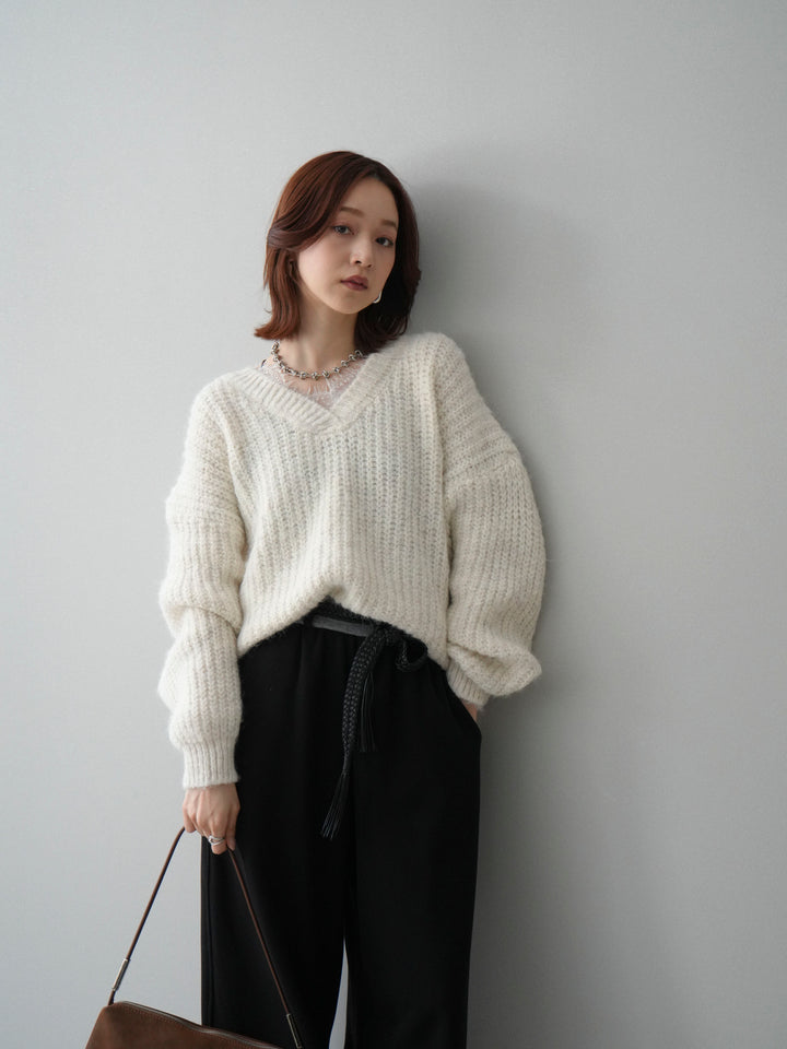 [SET]Vネックレースニットプルオーバー+編み込みベルト付きウエスト配色スエットパンツ(2set)