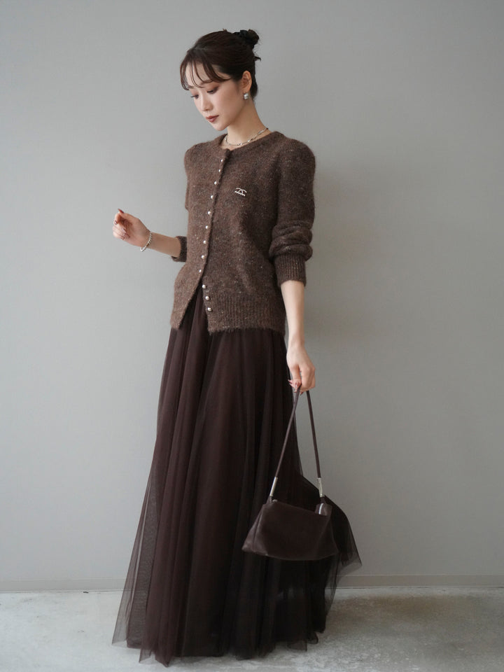 [SET]ブローチ付silverボタンミックスニットカーディガン+チュールボリュームスカート(2set)