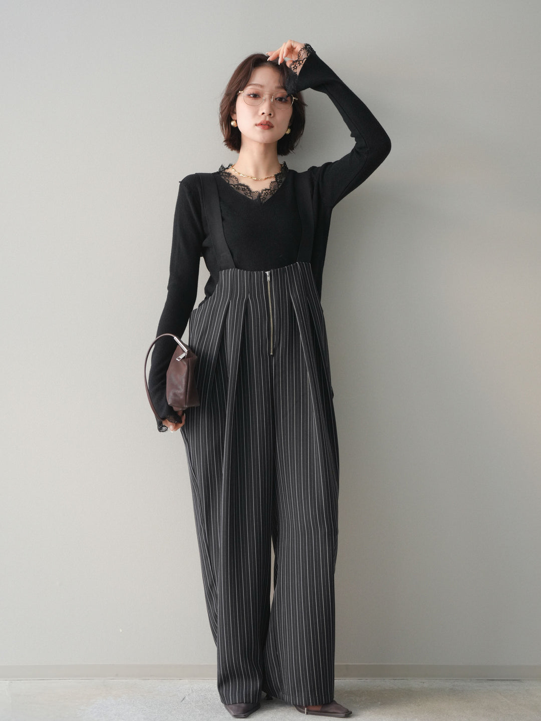 [SET]レースドッキングVネックニットトップス+グログランテープストライプサロペット(2set)