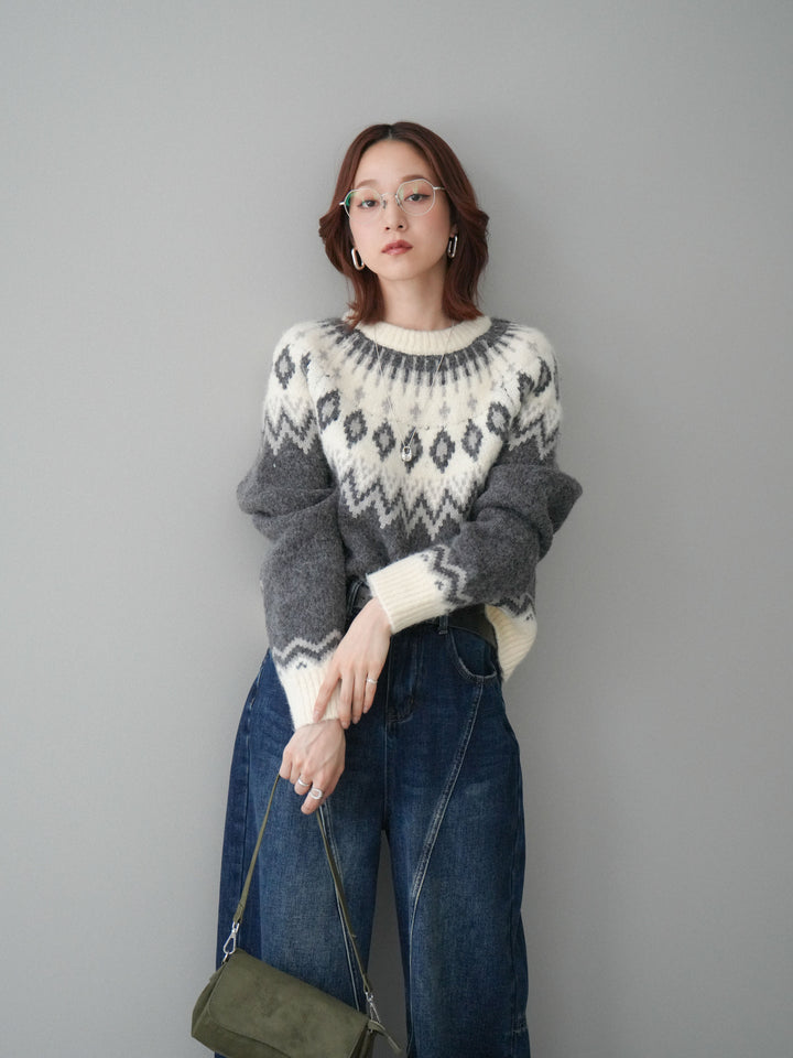 [予約]ノルディック柄ニットプルオーバー/gray