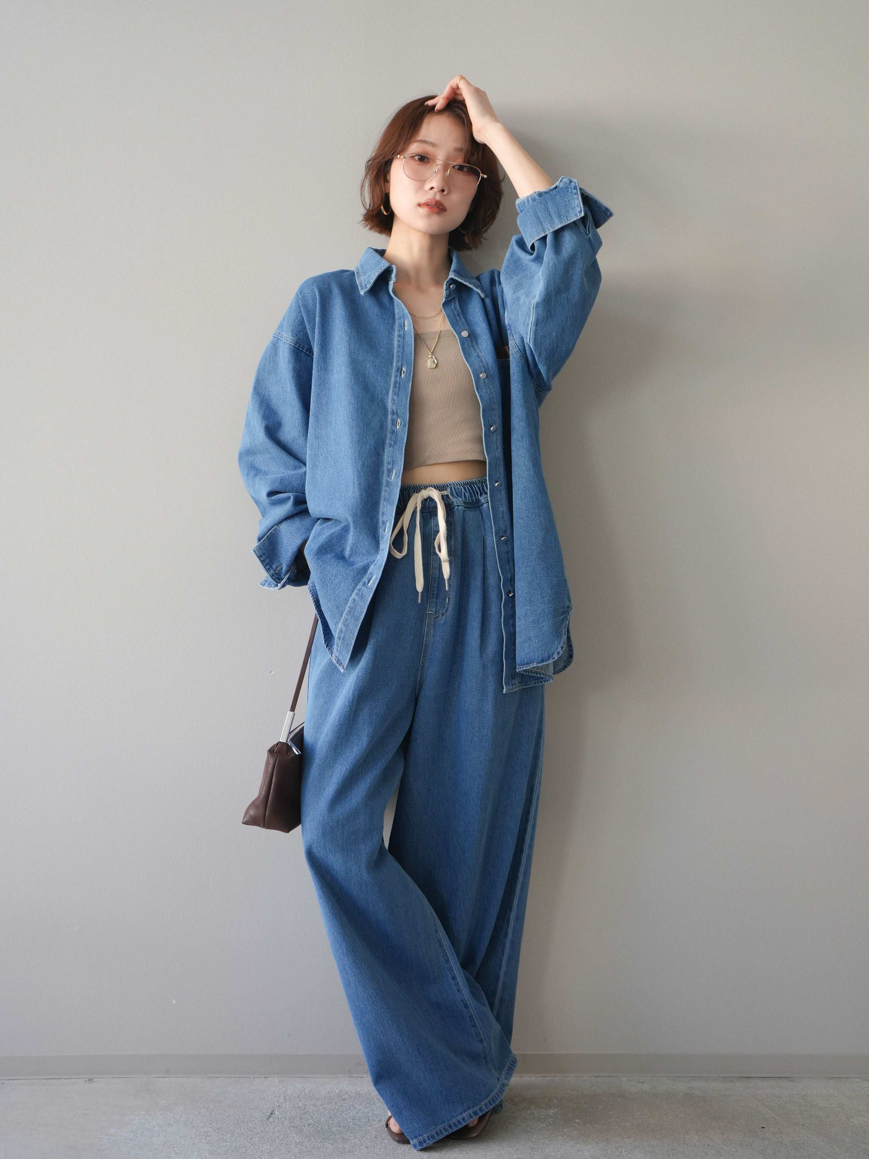 SET]ポイントレザーオーバーデニムシャツ+ドロストワイドデニムパンツ