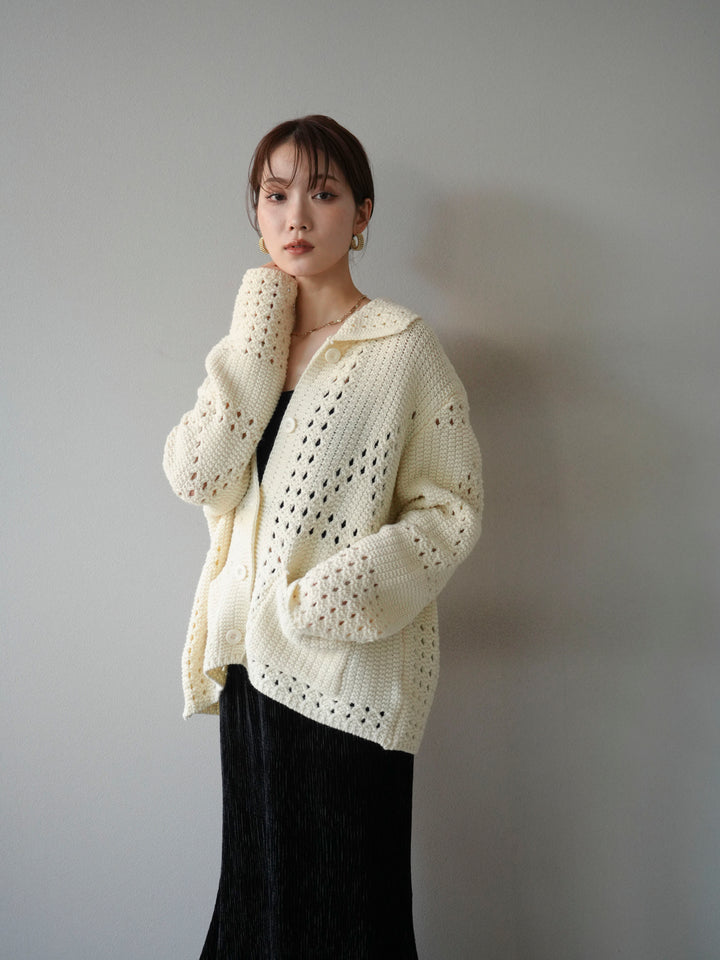 [予約]丸襟透かし編みニットカーディガン/オフ