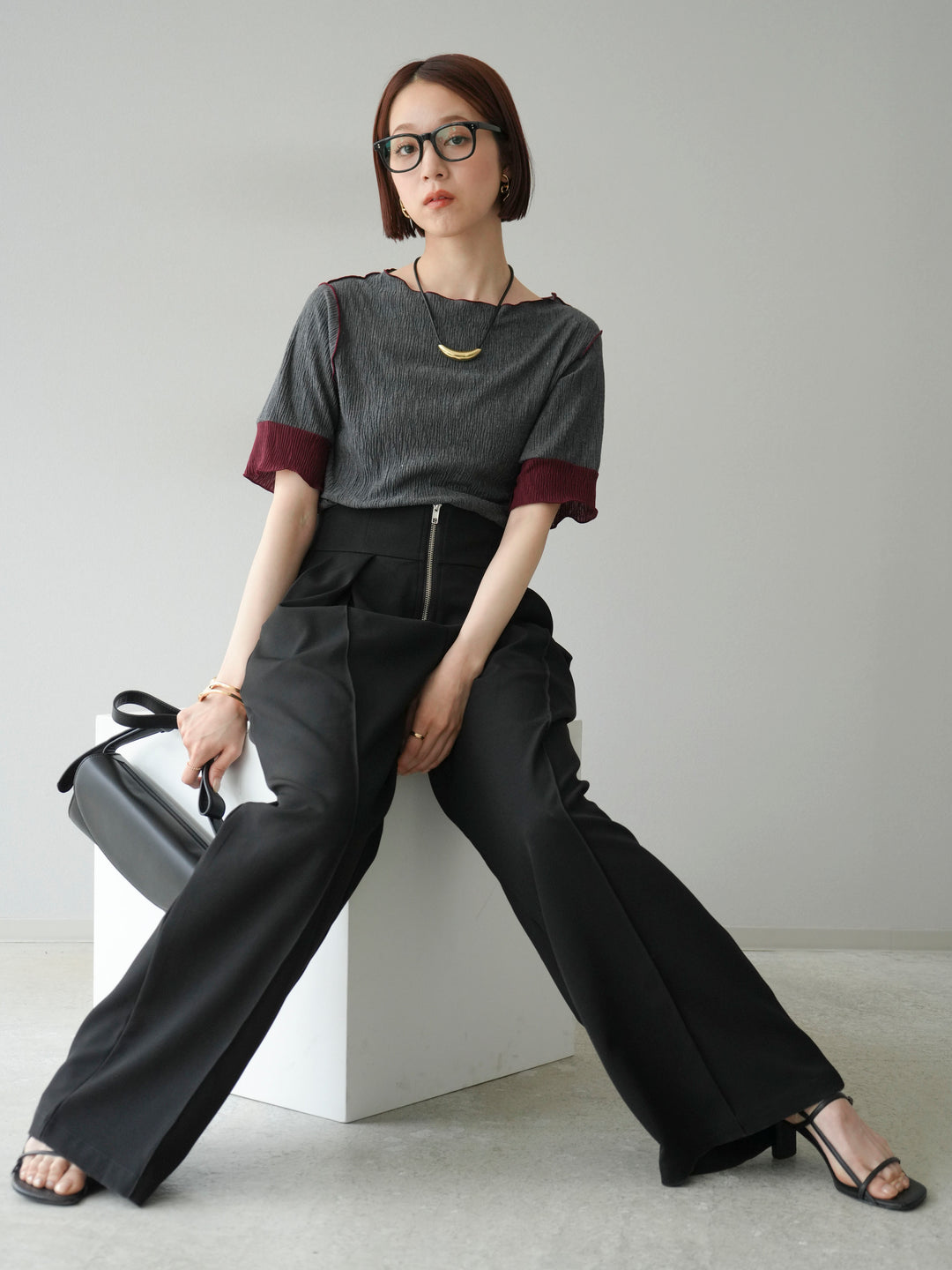 [SET] 百褶同色船領套頭衫 + 拉鍊褶襉寬褲 (2 套)