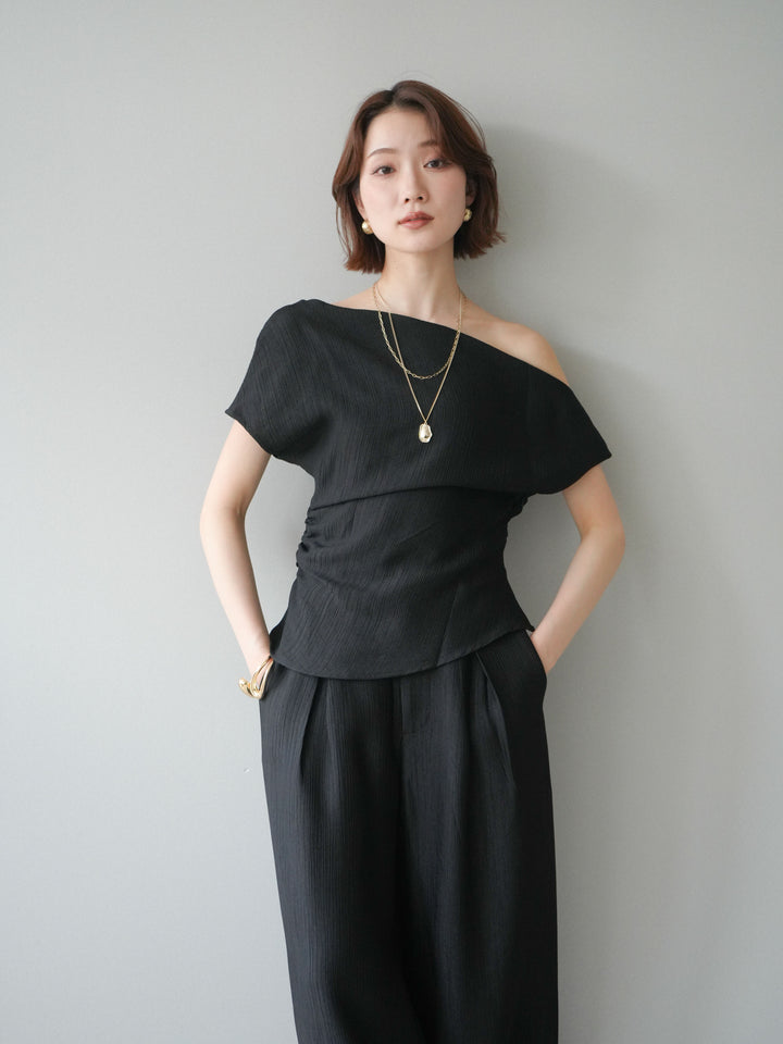 [SET]クレープアシンメトリーギャザートップス+クレープドレープタックパンツ(2set)