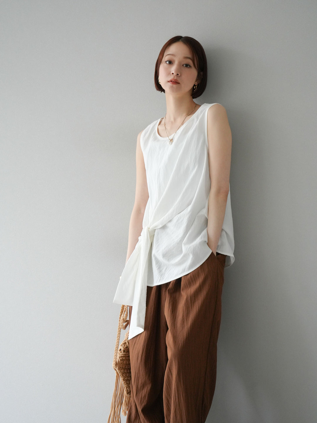 [予約]フロント巻きノースリーブブラウス/ホワイト