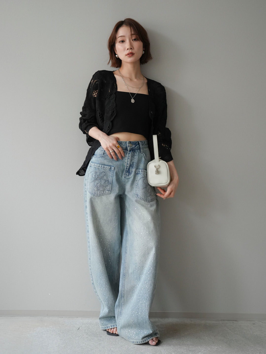 【套裝】3D蕾絲荷葉邊上衣+前口袋串珠闊腿牛仔褲（兩件套）