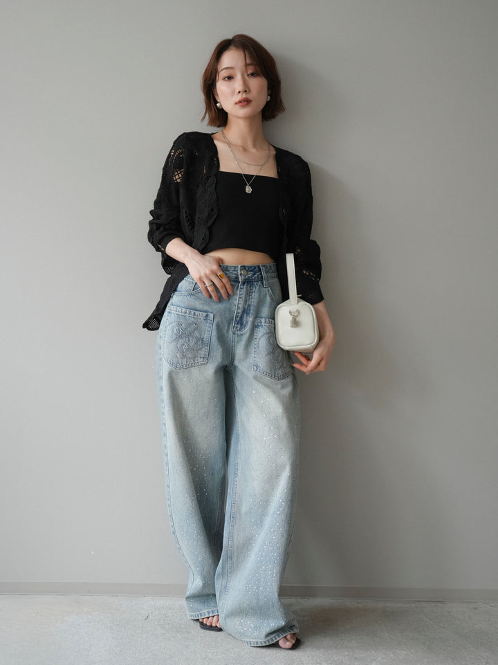 【套裝】3D蕾絲荷葉邊上衣+前口袋串珠闊腿牛仔褲（兩件套）