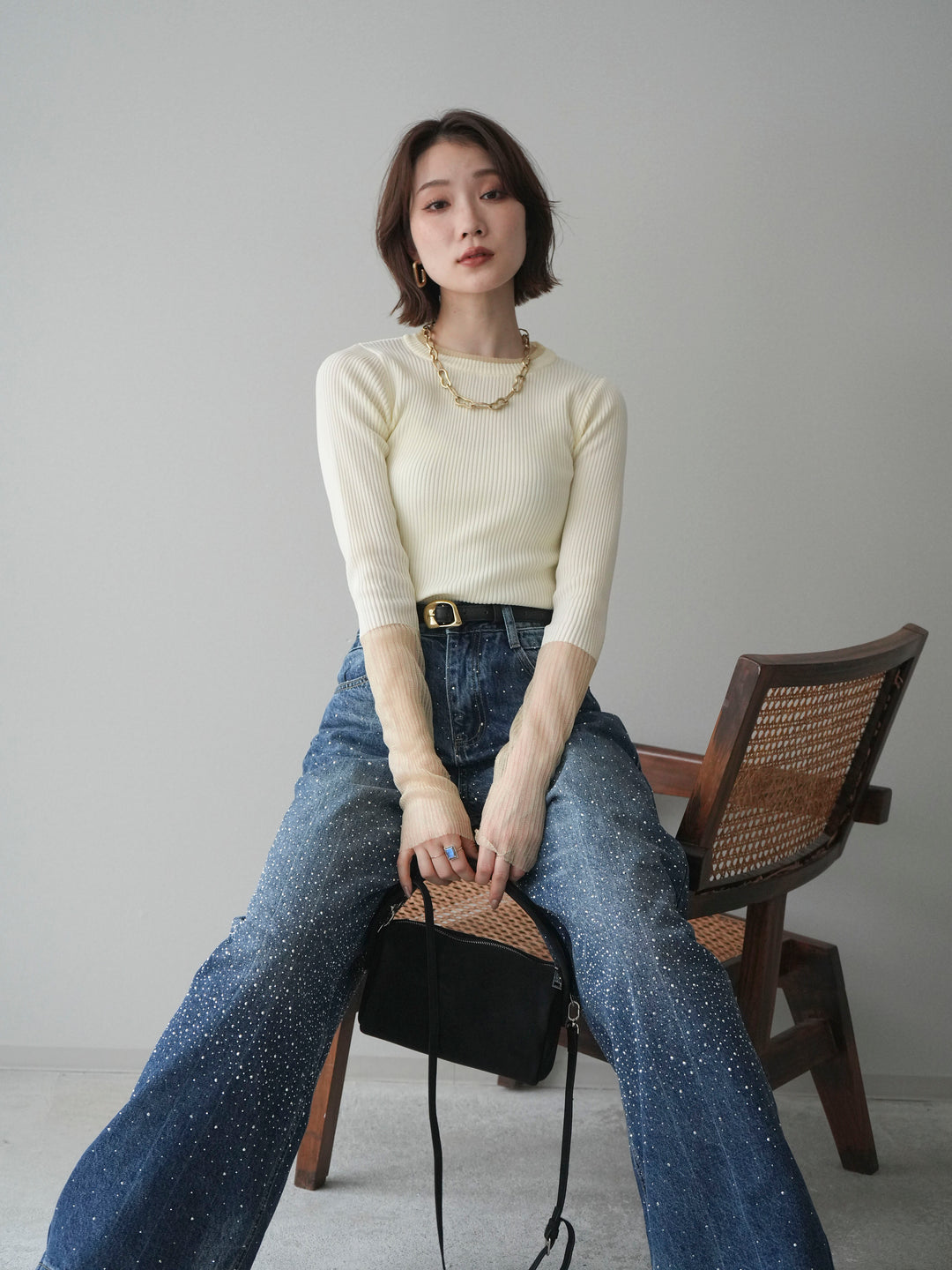 [SET]リブラメシアー切替リブニットトップス+ラインストーンカーブデニムパンツ(2set)